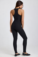 Ribbed Modal Lace-Trim Jumpsuit in Black