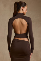 Modal Ruched Backless Turtleneck Top in Chocolate Brown