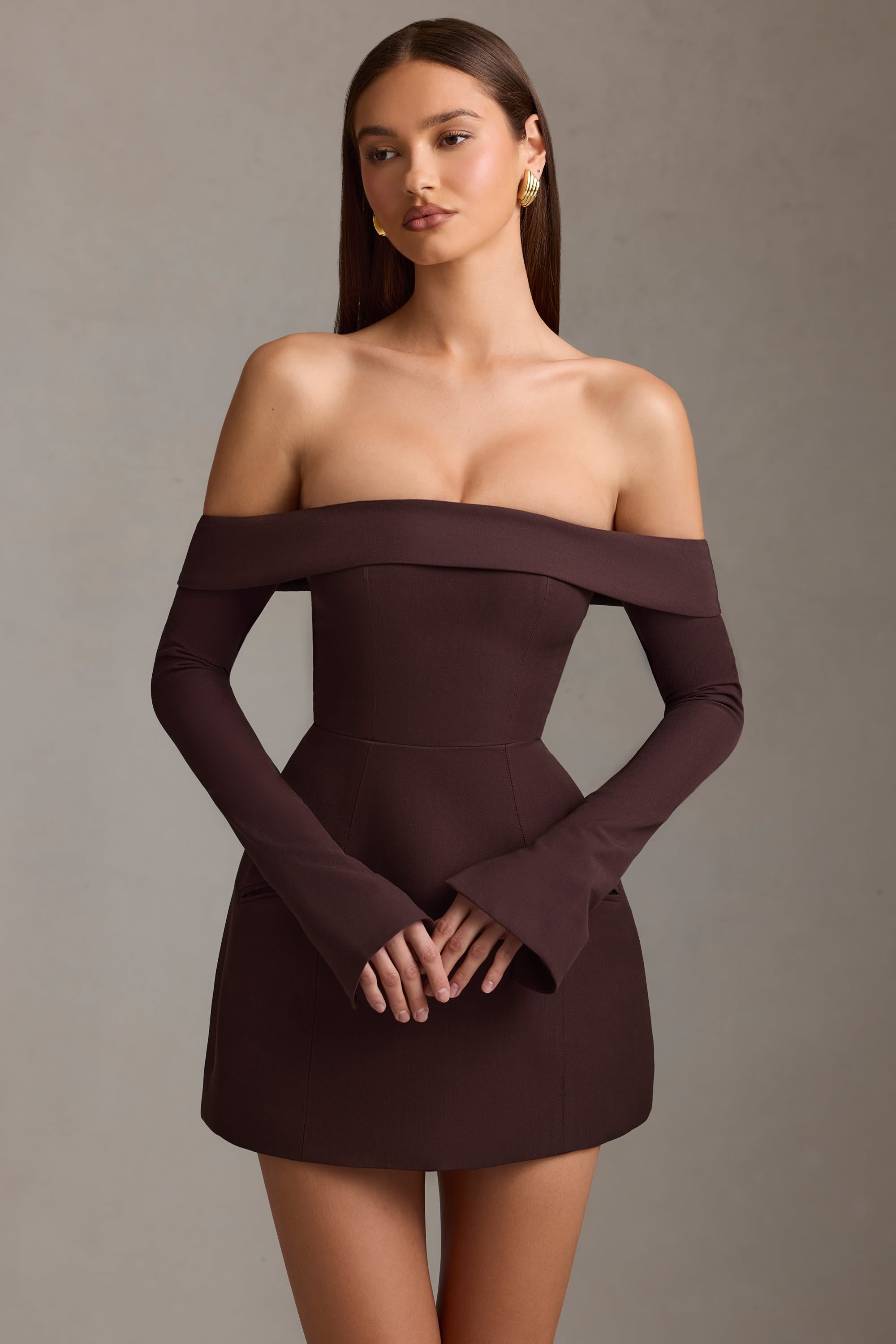Off-Shoulder Structured A-Line Mini Dress in Chocolate Brown