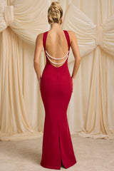 Pearl-Detail Halterneck Maxi Dress in True Red